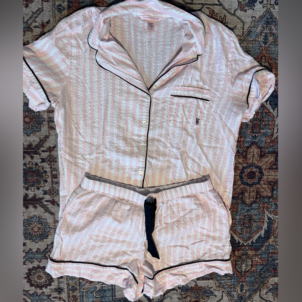 Victoria's Secret Pink and White Striped Pajama Set with Silver Lurex